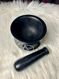 Mortar & Pestle Black Soapstone with Pentagram Detail 10cm