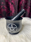 Mortar & Pestle Black Soapstone with Pentagram Detail 10cm