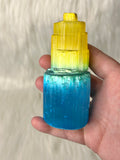 Selenite Tower Coloured 8-10cm Yellow / Blue