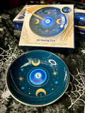 Incense Holder Trinket dish Round Ceramic Evil Eye Blue 9cm