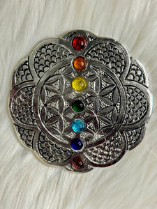 Round Flower of Life with Chakra Beads Aluminium Incense Holder 9cm