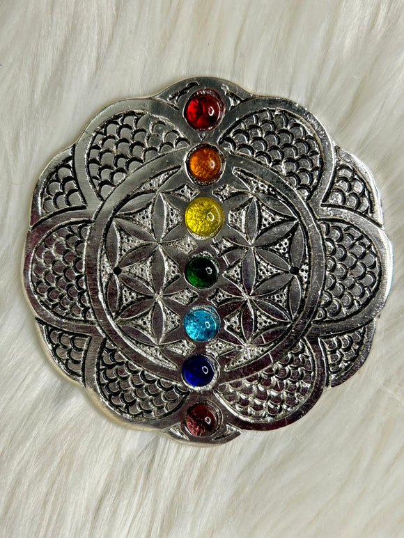 Round Flower of Life with Chakra Beads Aluminium Incense Holder 9cm