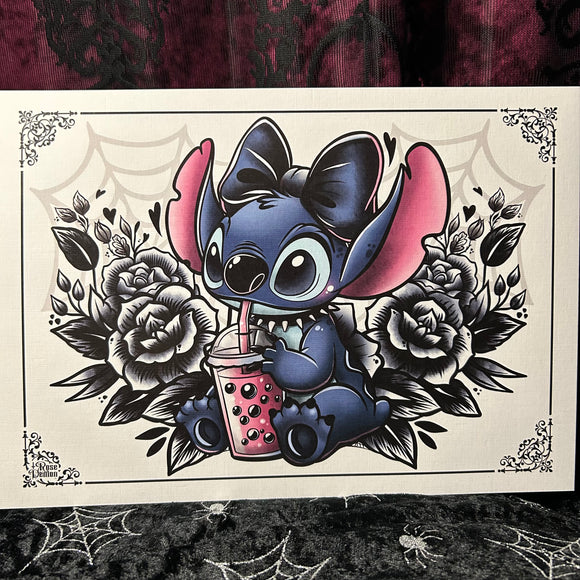 Stitch & Bubble Tea A4 Print - Art By Rose Demon