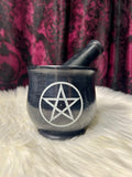 Mortar & Pestle Black Soapstone with Pentagram Detail 10cm