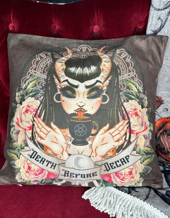 Drop Dead Gorgeous - DEATH BEFORE DECAF - Rose Demon cushion cover