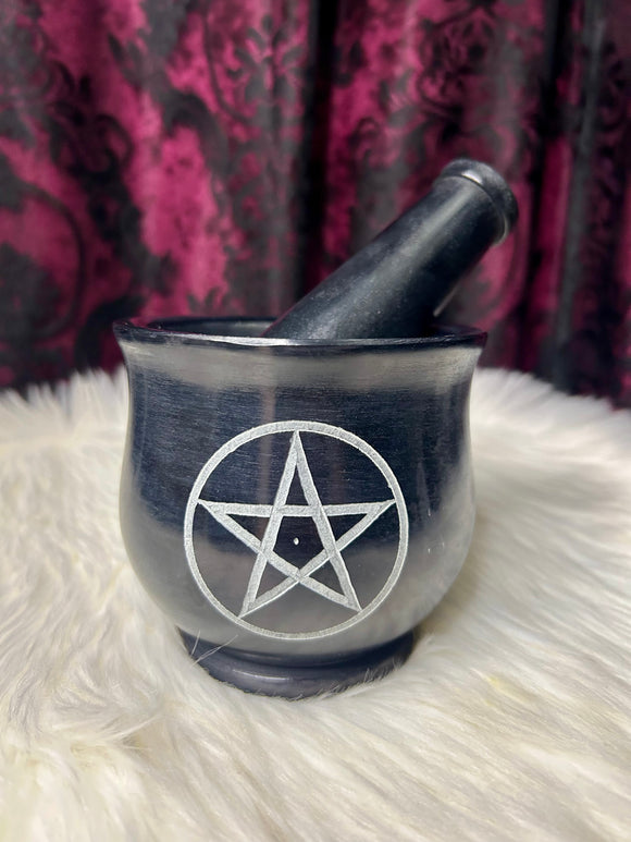 Mortar & Pestle Black Soapstone with Pentagram Detail 10cm