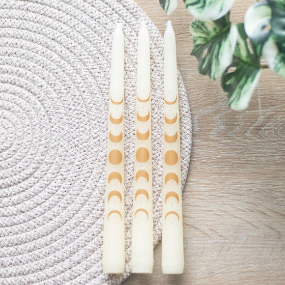 White Moon Phase Taper Diner Candles (Set of Three)