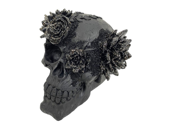 Black Skull with Flowers 14cm