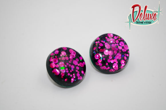 Pink and Black - 25mm Flat Top Dome Earrings